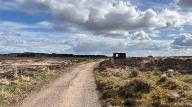 Countryside landscape near Milquhanzie Hill in Perth and Kinross Scotland showing ridge summit with masts, walking paths, and nearby ancient standing stones.