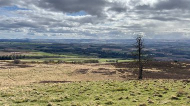 Countryside landscape near Milquhanzie Hill in Perth and Kinross Scotland showing ridge summit with masts, walking paths, and nearby ancient standing stones.