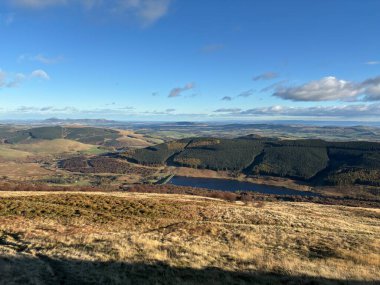 Glen Quey 'de geniş manzara manzaraları. Eski yerli ormanlar, çimli yamaçlar, dereler ve İskoçya' nın Ochil Hills bölgesindeki uzak tepeler..