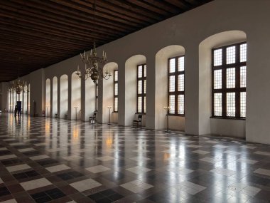 Kronborg Şatosu Helsingor Danimarka 'nın iç kısımları ahşap kirişler ve doğal ışık tarihi eserler de dahil olmak üzere büyük salon unsurlarını yakalıyor..