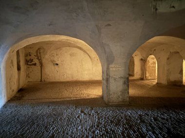 Kronborg Şatosu Helsingor Danimarka yeraltı mahzenleri nemli tuğla duvarlar boyunca ahşap paneller ve tarihi mekanlarda kemerli kasalar içerir..