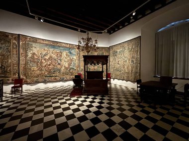 Kronborg Şatosu Helsingor Danimarka 'nın iç kısımları ahşap kirişler ve doğal ışık tarihi eserler de dahil olmak üzere büyük salon unsurlarını yakalıyor..