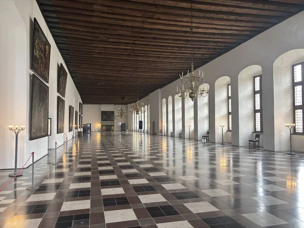 Kronborg Şatosu Helsingor Danimarka 'nın iç kısımları ahşap kirişler ve doğal ışık tarihi eserler de dahil olmak üzere büyük salon unsurlarını yakalıyor..