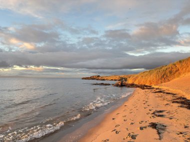 Sandy Aberlady Körfezi plajı. Doğu Lothian doğasında Firth of Forth nehri kıyısında. Uzak Forth Bridges ve Fife sahilleri bulutlu gökyüzü altında..