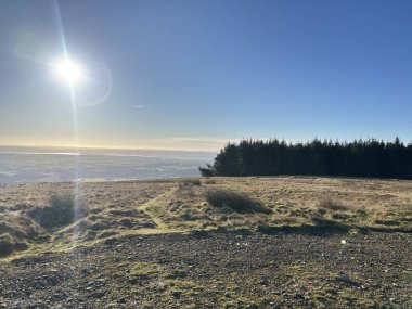Yakındaki İskoç tepelerinden Glen Devon Vadisi 'ne, Glendevon rezervuarları, kıvrımlı nehir, Ochil Hills' in çimenli yamaçları ve aydınlık bir kış sabahı ormanlık alanlarının görüntüsü..
