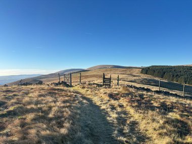 Yakındaki İskoç tepelerinden Glen Devon Vadisi 'ne, Glendevon rezervuarları, kıvrımlı nehir, Ochil Hills' in çimenli yamaçları ve aydınlık bir kış sabahı ormanlık alanlarının görüntüsü..