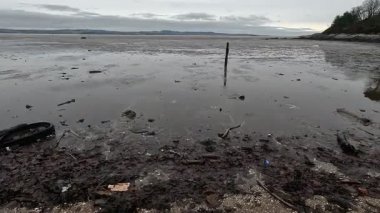 İskoçya 'nın dördüncü kıyı şeridi boyunca gelgit düzlükleri, hafif dalgalar, uzak köprüler ve kışın ufuk çizgisiyle birlikte..