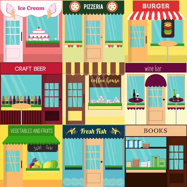 Крутой набор векторных детализированных плоских ресторанов и магазинов с иконами фасадов. Идеально подходит для деловых веб-изданий и графического дизайна — стоковый вектор