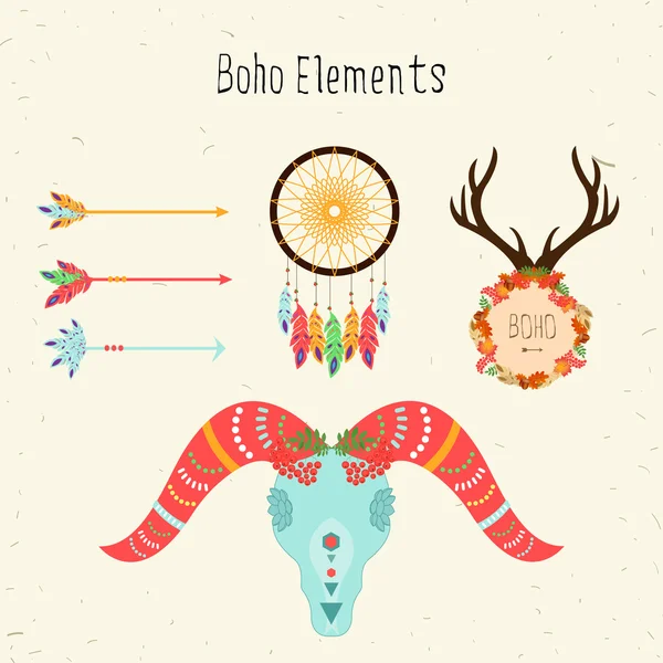 Boho elemek. Vektor etnikai készlet nyilak és juhok koponya, virágos béke minta, szarvas agancs és dream catcher — Stock Vector