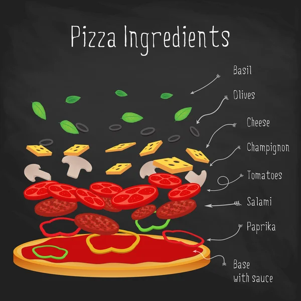 Pizza con ingredienti sulla lavagna. Ricetta italiana — Vettoriale Stock