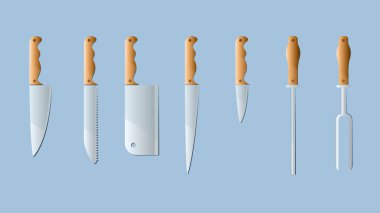 Mutfak eşyaları. Bıçak çeşitleri kümesi. Düz stil. Vektör çizim