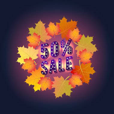 Sonbahar Super satışı büyük başlığı ile sonbahar yaprakları. Sonbahar indirimler. Özel indirim.