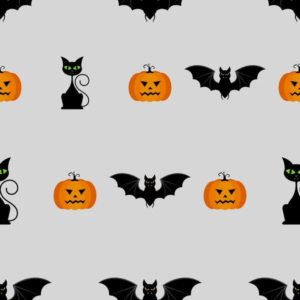 Halloween seamless pattern with pumpkins, black cat and bat — Stock Vector