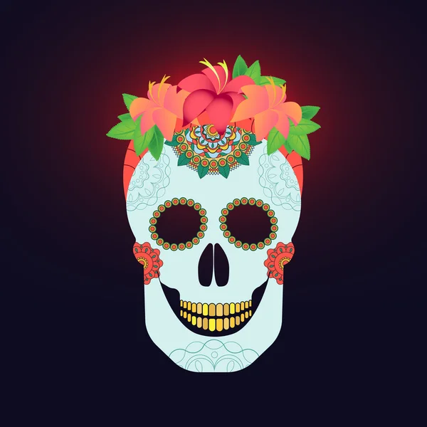 Traditionelle mexikanische Catrina Totenkopf mit Farbe Dekoration und bunte Frühlingsblumen Arrangement auf Haar — Stockvektor