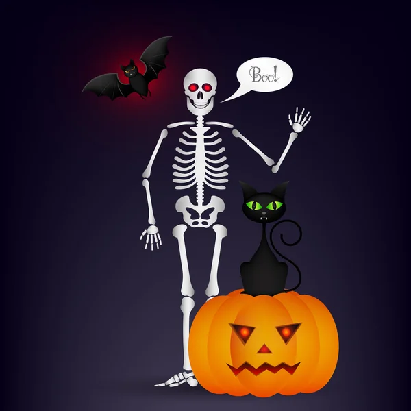 Halloween nacht achtergrond met volle maan, leuke dansende skeletten en vleermuizen. — Stockvector
