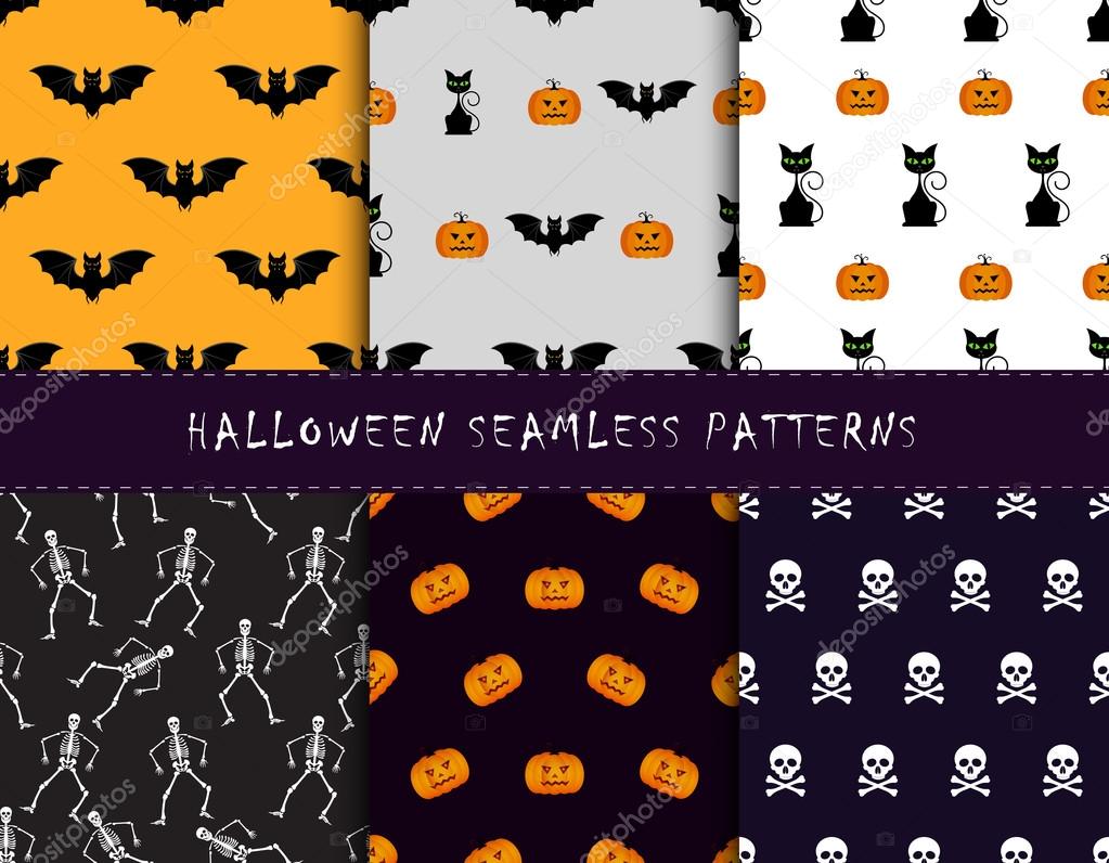 Set of halloween backgrounds. Collection of seamless patterns in the traditional holiday colors. Vector illustration