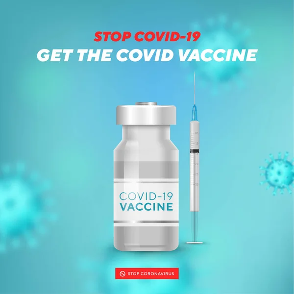 Arrêtez la bannière Coronavirus avec un espace vide pour votre créativité. Vaccin Covid-19, seringue, cellules virales 3d sur fond bleu. Coronavirus, vecteur. — Image vectorielle