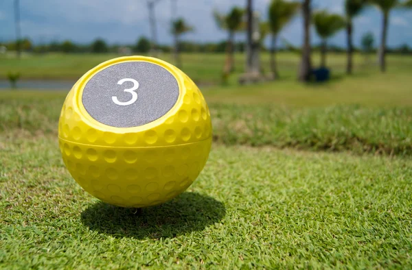 Pelota Golf Con Número Hoyo Campo Golf Con Palmeras Bajo — Foto de Stock