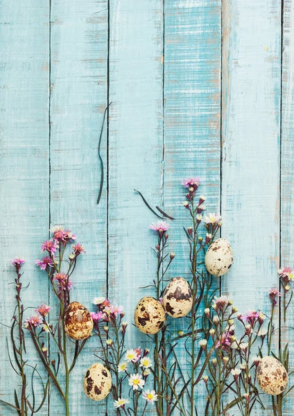 Wachteleier und Blumen auf blauem Holz — Stockfoto