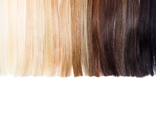 Partly isolated palette samples of dyed hair from blond to black — Stock Photo, Image