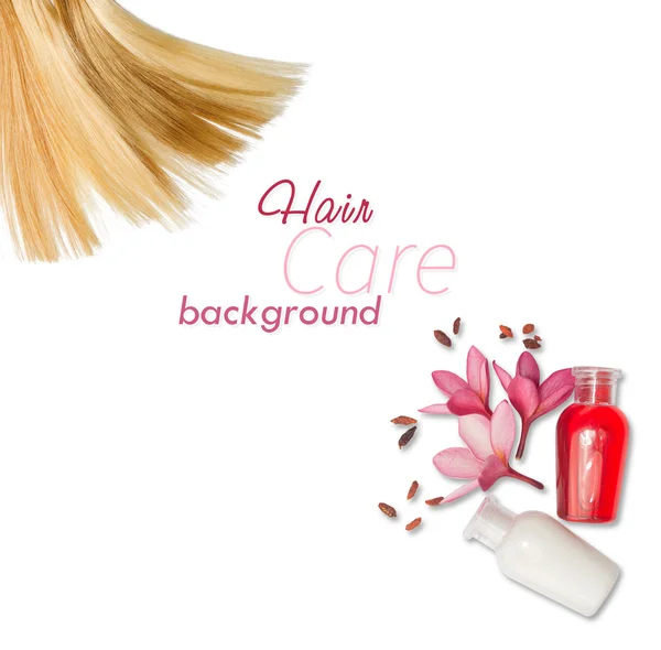 Farbowane włosy szamponem butelki i kwiaty na białym tle — Zdjęcie stockowe