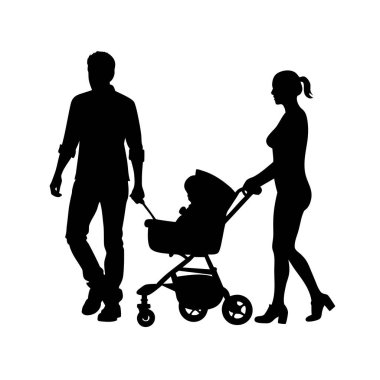 Anne babalar dışarıda bebek arabasıyla geziyor.
