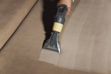 Kanepeyi elektrikli süpürgeyle temizliyorum.