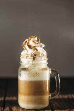  close up of cold latte on a dark background.