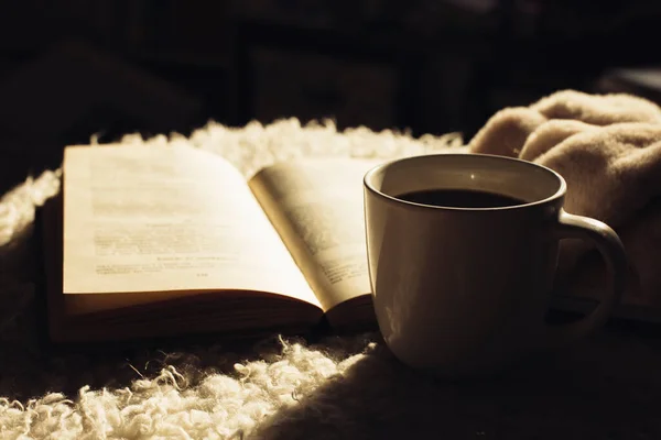 Την Έννοια Του Ένα Άνετο Σπίτι Καφέ Και Ένα Βιβλίο — Φωτογραφία Αρχείου