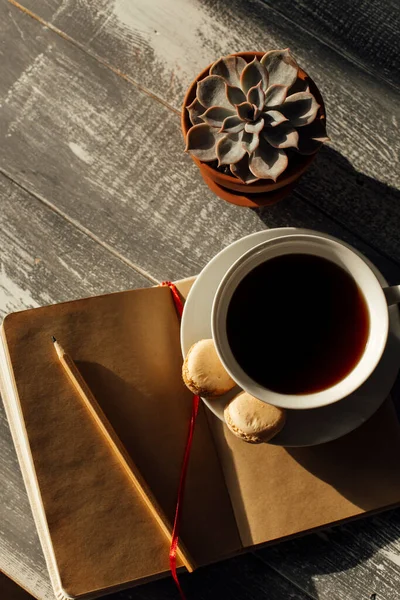 Draufsicht Auf Den Desktop Kaffee Notizblock Und Sukkulente Auf Holzgrund — Stockfoto