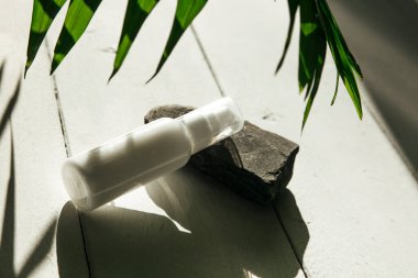 Losyon için kozmetik şişesi, arka planda krem ambalajı.