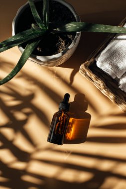 Yağlı cam şişenin üst görünümü, doğal kozmetik kavramı. 