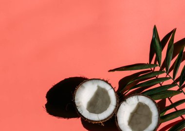 Kırmızı arkaplanda hindistan cevizi parçaları ve palmiye yaprakları 