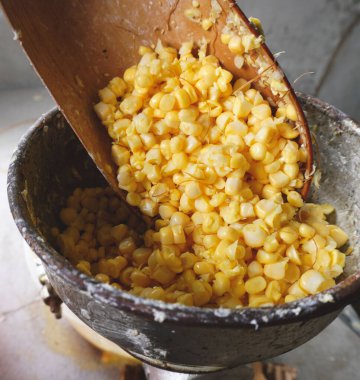 Bir el değirmenindeki taze mısır tanelerini yakından çek. Organik ve sağlıklı yiyecekler..