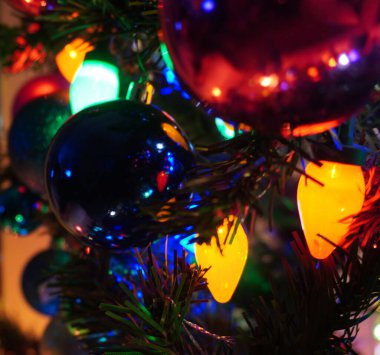 Noel kutlamaları boyunca süsleri ve ışıkları olan Noel ağacı..