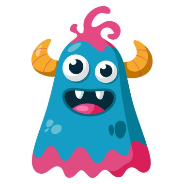 Blue monster character mutant with purple hair and horns smiling cool and happy cartoon mascot sticker for children toy or halloween flat vector illustration isolated on white background