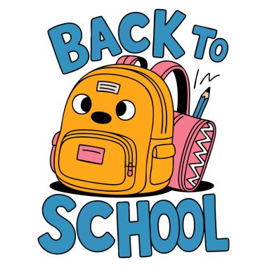 Cartoon flat vector illustration of yellow backpack with inscription back to school poster 1 September holiday graphic element isolated on white background