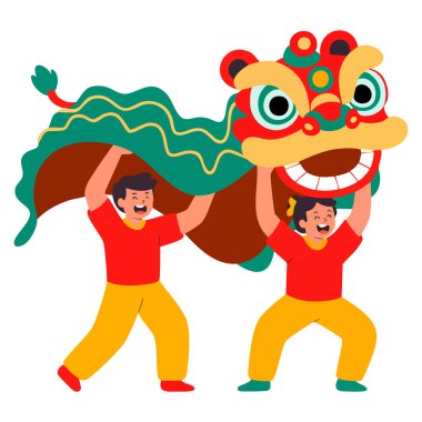 Chinese New Year greeting card vector illustration with red dragon character and lion dance background perfect for holiday celebration festive poster design