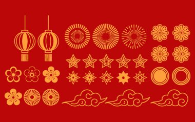 Chinese New Year vector icons set featuring paper lantern red lamp asian lunar holiday decoration and oriental culture tradition celebration illustration