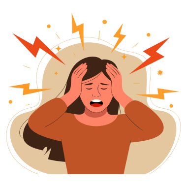 Colored vector illustration of African American woman with migraine morning headache concept stress fatigue pain expression and health tension artwork