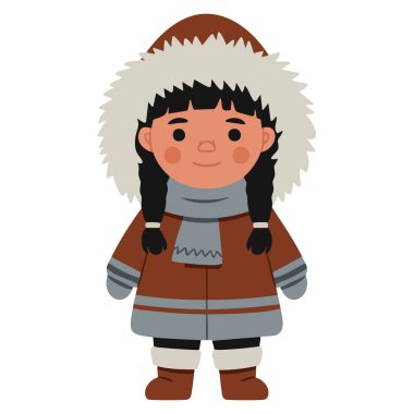 Cute eskimo girl in traditional snow fur coat vector illustration chukchi girl in flat style isolated on white background perfect for winter culture artwork