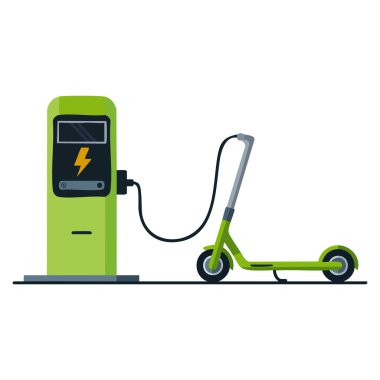 Electric scooter and battery charger isolated on white background vector illustration perfect for public scooter charging ecological city transport concept