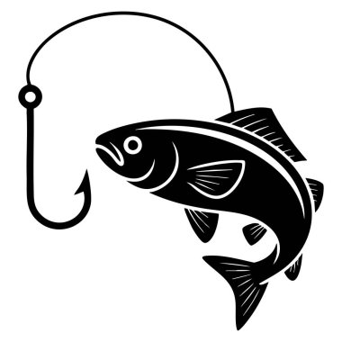 Fish with hook silhouette fishing glyph icon vector illustration isolated raster design element using negative space for outdoor themed artwork