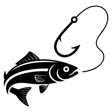 Fishing glyph icon silhouette symbol of fish with hook vector illustration using negative space perfect for isolated raster design or outdoor theme artwork