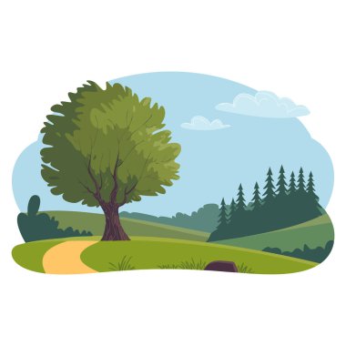 Forest landscape concept vector illustration trees and rocks near path rural place spring or summer day perfect for poster banner or website design