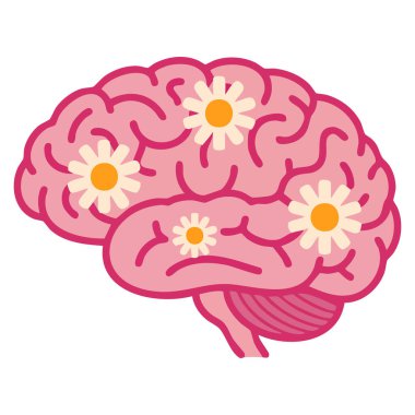 Hand drawn pink brain with camomile flowers vector illustration in cartoon style representing idea mind cognition thinking and creativity concept design
