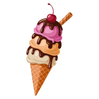 Ice cream concept wafer cone with two colorful balls topping frozen dessert delicacy sticker for social media cartoon flat vector illustration design