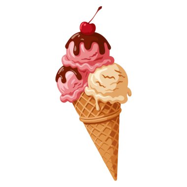 Ice cream vector illustration concept wafer cone with colorful balls topping frozen dessert sticker cartoon flat design social network decorative artwork