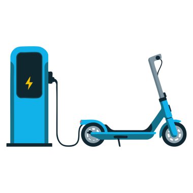 Isolated vector illustration of electric scooter and battery charger perfect for public transport eco city mobility sustainable urban transport themed artwork