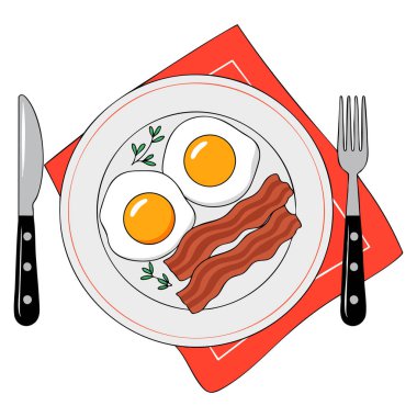 Omelette dish vector illustration fast and easy breakfast with egg bacon healthy meal isolated flat design food concept morning nutrition artwork